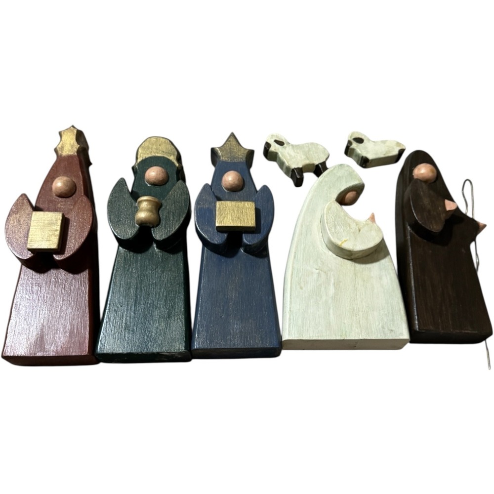 VTG Wooden Christmas Nativity Set 7 Piece Minimalist Mid Century‎ Hand Painted